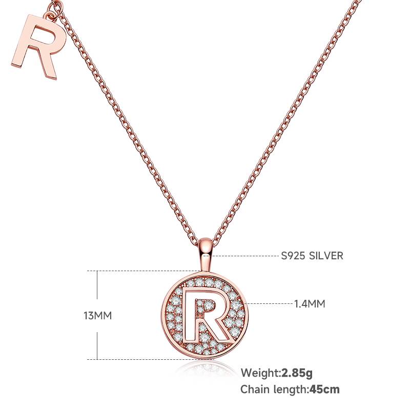 R pendant S925 silver plated rose gold Moissanite diamond light luxury letter necklace